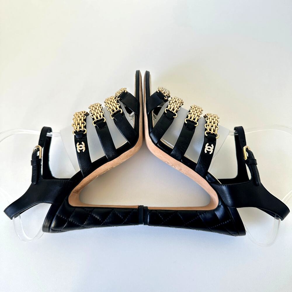 CHANEL CC Logo Black Lambskin Quilted Heels Gold Chain Strap Sandals IT 39 - Picture 6 of 16